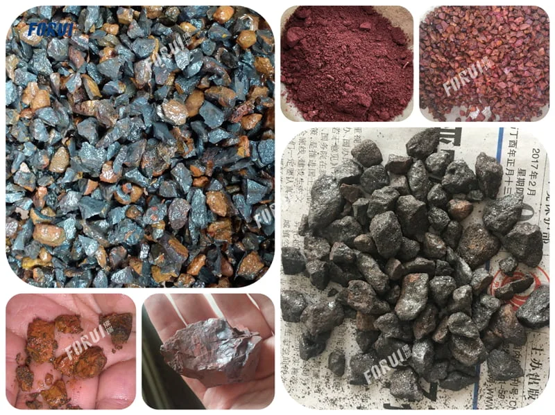 Échantillons de divers minerais de fer et concentrés obtenus après enrichissement du minerai